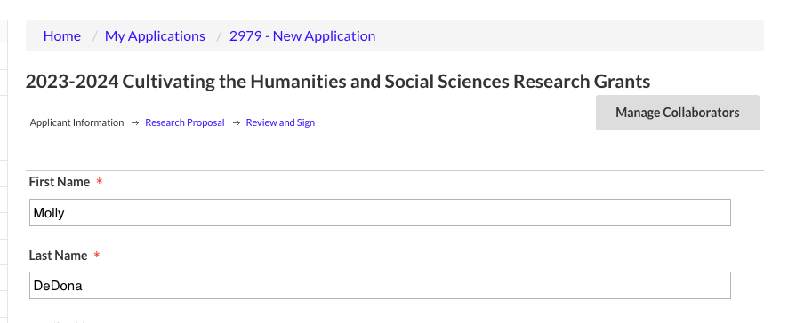 Screenshot of an application for the 2023-2024 Cultivating the Humanities and Social Sciences research grant program